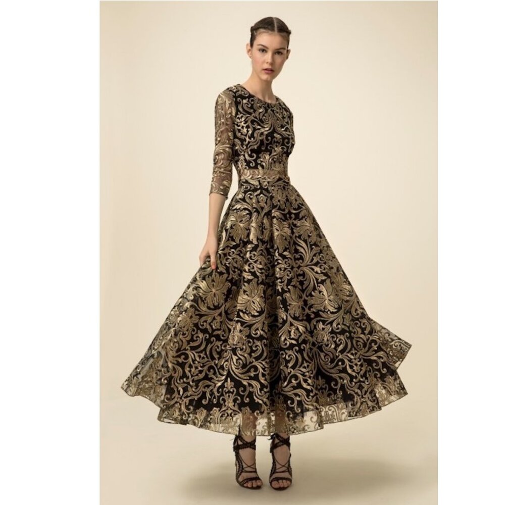 Marchesa Notte Metallic Embroidered Tulle Two-Piece Midi Dress Set
